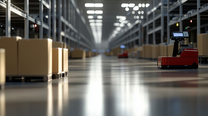 A bright, spacious warehouse with automated trolleys moving cardboard packages across the floor, while workers monitor the process from a control station.