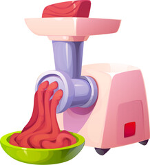Meat grinder and minced meat for food cooking process, cartoon vector. Meat mincer or hasher with raw and ground meat in bowl, kitchen appliance for food preparation or butchery kitchenware