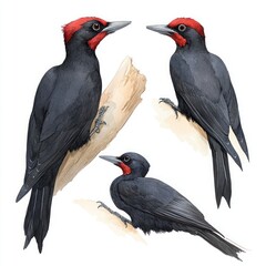 Fototapeta premium Black Woodpecker Trio Watercolor Illustration Clipart Bundle - Isolated on White Background