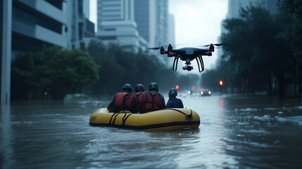 Naklejka premium Rescue workers in an inflatable boat help stranded people in the middle of a flooded city intersection, while a drone surveys the extent of hurricane damage from above.