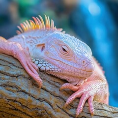 Fototapeta premium Albino Iguana Relaxing on Jungle Tree with Waterfall Background - Exotic Wildlife in Lush Habitat