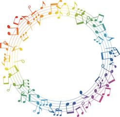 カラフルな音符の円形フレーム、虹色の音楽背景ベクターイラスト