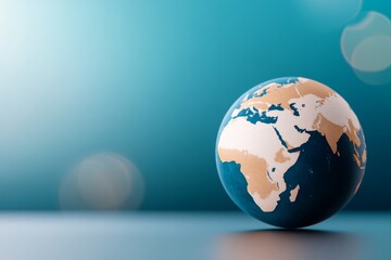 Globe model displaying world map on blue background with bokeh effect.