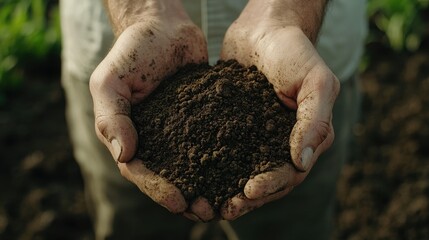 Farmer’s hands holding dark, fertile soil in the middle of a farm - Powered by Adobe