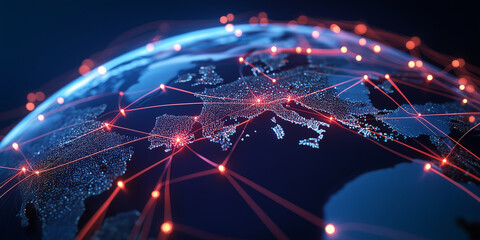 A vibrant visual of interconnected digital nodes spreading across a globe, symbolizing the seamless communication and data transfer between enterprises around the world.