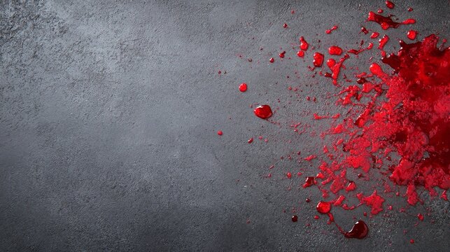 An assortment of deep red blood splashes in varying sizes and patterns spreads across a gray concrete surface, enhancing horror and thriller visuals. Ample copy space is available for text