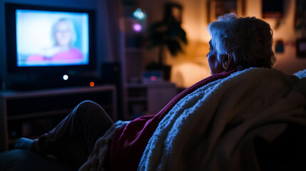 A senior woman curled up on a couch, wrapped in a blanket, with a blank stare at the television screen, highlighting her feelings of loneliness in a cluttered living room.