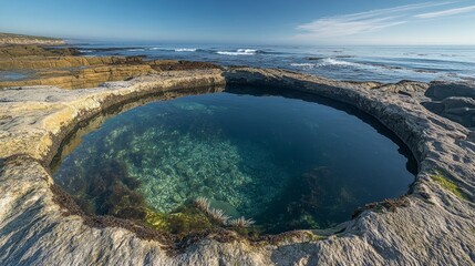 Circular rock pool nestled between weathered stones, filled with crabs, anemones, and sea urchins, the water calm and crystal clear, ocean waves in the distance