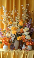 Colorful floral arrangements with a bright yellow backdrop create a festive atmosphere perfect for Day of the Dead events, celebrations, and cultural gatherings.