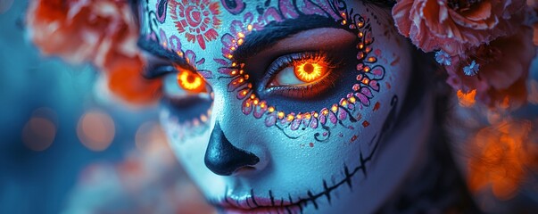 A vibrant sugar skull adorned with floral patterns and glowing eyes, perfect for Day of the Dead celebrations, inviting use in events, decorations, or themed invitations.