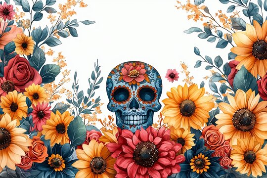 Vibrant floral border featuring sugar skulls and ornate flowers, perfect for Day of the Dead celebrations, altars, and festive decorations.