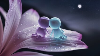 Fototapeta premium Romantic couple figurines kissing on a flower petal under the moonlight