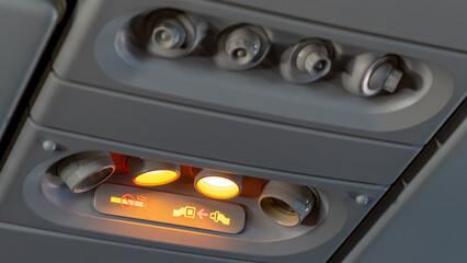 Safety sign in airplane, fasten seat belt.