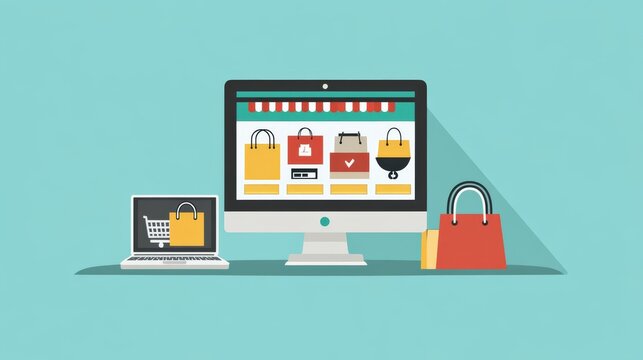 A computer screen shows a website for online shopping. It promises fast delivery and includes images of a laptop, a shopping cart, a package, and shopping bags.