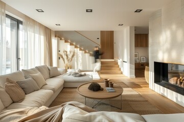 Modern living room featuring a fireplace, wooden floor, and white walls, with a beige sofa and decorative accessories, and a blurred person ascending the staircase.