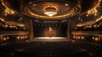 Obraz premium Luxurious circular theater with plush seating encircling a central rotating stage, elegant chandeliers illuminating the performers in a grand spectacle