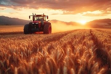 Obraz premium Tractor working on the rice fields barley farm at sunset time,