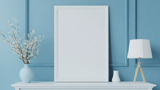Minimalist white frame mockup hanging on a solid blue wall. A white vertical picture frame is placed on the desk, and there is.