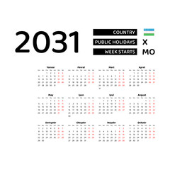 Calendar 2031 Uzbek language with Uzbekistan public holidays. Week starts from Monday. Graphic design vector illustration.