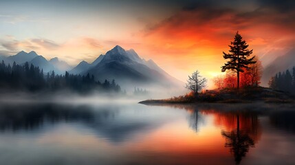 Fototapeta premium A serene landscape depicting a sunset over a tranquil lake, with soft ripples reflecting the vibrant colors of the sky, symbolizing the transient nature of emotions. Ultra-Realistic, Photo Realistic, 