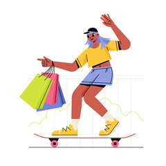 Girl riding a skateboard with shopping bags in her hand © Icons8