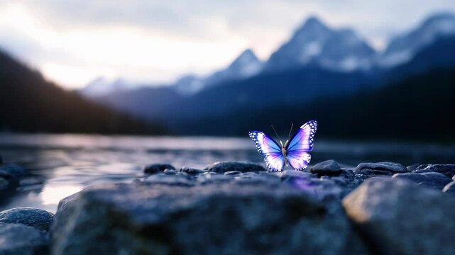 Tranquil mountain lake shore. Smooth rocks in foreground. Vibrant purple glass butterfly perched on stone. Misty mountains in background. Serene atmosphere with soft lighting. 