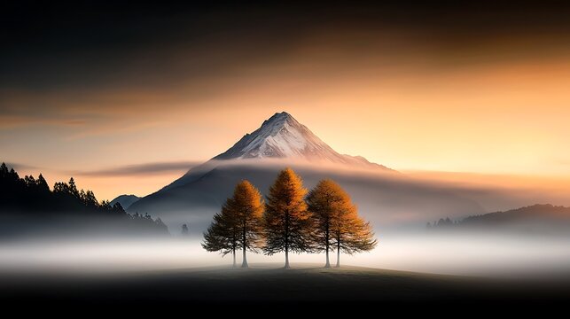 A beautiful mountain landscape shrouded in fog that begins to lift, revealing a breathtaking view, representing the idea that challenges eventually fade away. Ultra-Realistic, Photo Realistic, 