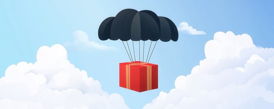 A Box flying on a parachute with cloud,vector illustration of package flying down from sky and cloud with parachute, concept for delivery service,shopping online,air delivery service.