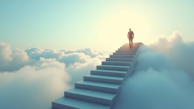 Man walking up staircase towards sunlight in surreal cloudy sky