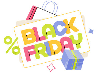 Lettering Black Friday on note with bag and box text