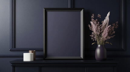 lila Bilderrahmen mit weißem Bild, Rendering of a shelf with a poster and bouquet of flowers against a blue wall.