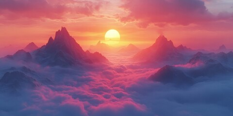 Stylized illustration of a serene mountain landscape enveloped in fog, featuring soft pastel colors