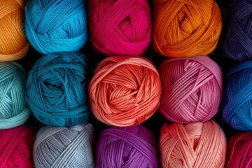 Background of colorful balls of wool threads for knitting, vibrant colors pattern. AI generative