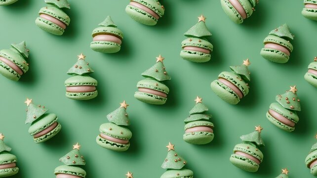 Christmas macaroons on color background,French macaroons for a christmas retail display,christmas tree in bakery shop, specialties pastry,holiday season,traditional french colorful macarons.