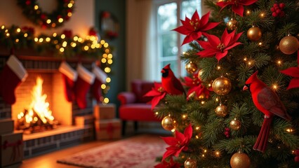 Cozy Christmas living room with decorated tree, cardinals, and fireplace