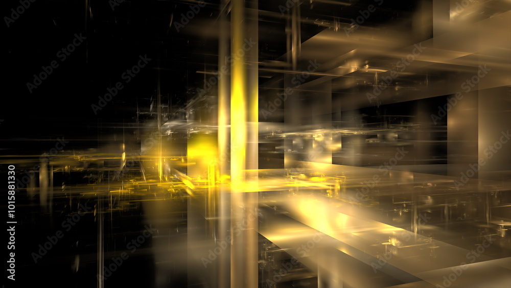 Poster a mesmerizing display of abstract digital art featuring swirling golden light and intricate geometri