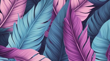Tropical exotic seamless pattern featuring hand-drawn vintage 3d illustration of pastel palm and banana leaves, ideal for luxury wallpapers and fabric printing with glamorous abstract background desig