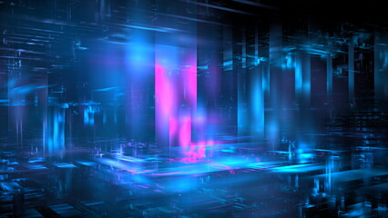 Digital landscape showcases vibrant blue and pink light effects, creating a futuristic atmosphere that highlights the beauty of technology and innovation