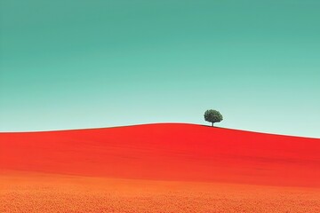 A single tree stands tall on a vibrant red hill against a calming blue sky. The contrasting colors create a visually striking and minimalist landscape.