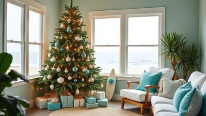 Beachside living room with a Christmas tree and gifts, overlooking the ocean with surfboard decor