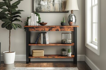Black and cherry wood console table with an umbrella, showcasing books on the top shelf and a vase with decor items on the bottom.