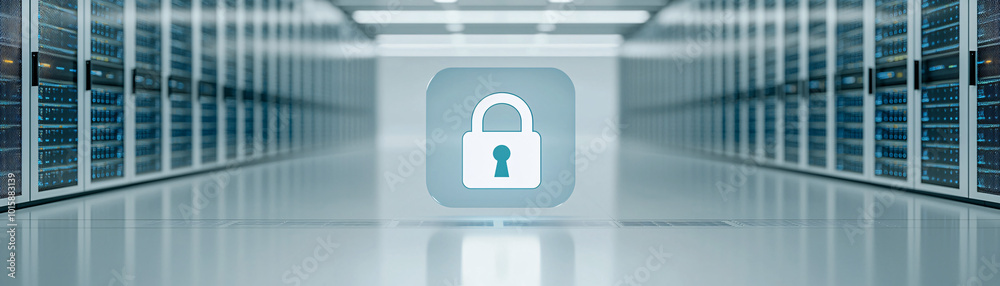 Poster a server room with a digital padlock icon floating in the foreground, highlighting the importance of