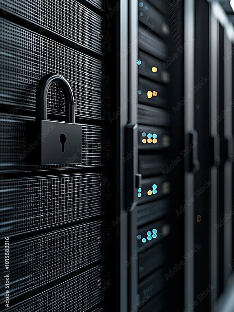 Poster a cyber security concept showing a digital padlock on a server computer, highlighting secure network