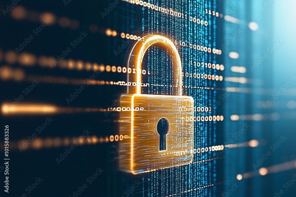 Poster a digital padlock appears on a computer screen alongside lines of code, representing advanced cyber 