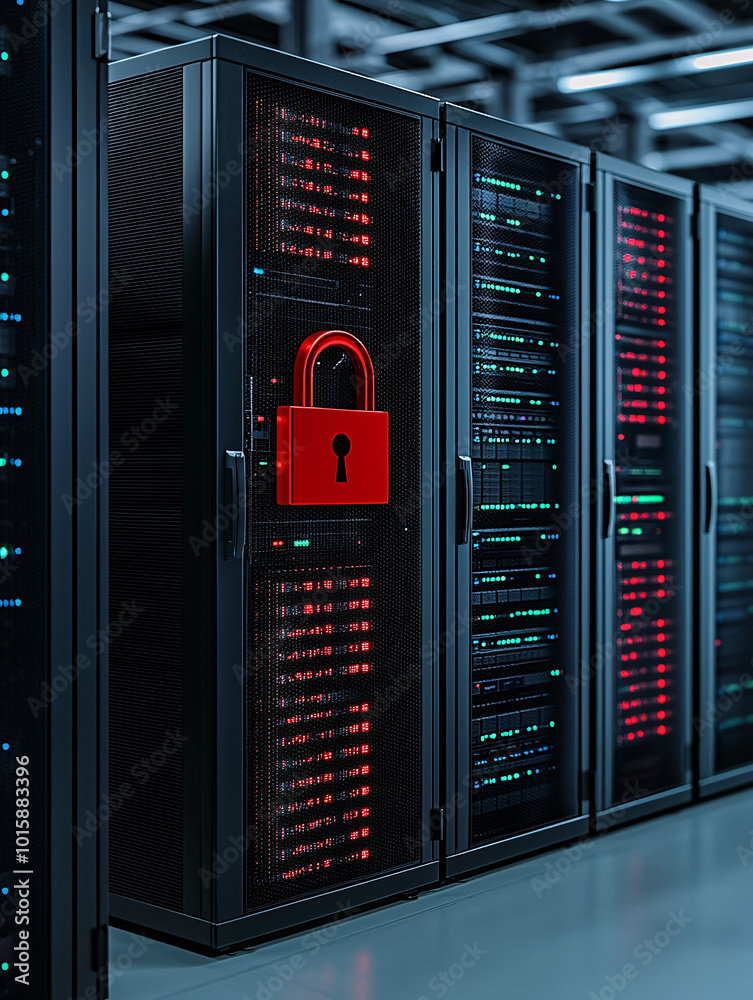 Poster a cyber security concept showing a digital padlock on a server computer, highlighting secure network