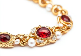 A vintage gold bracelet with red and white gemstones, including one large ruby in the center, is isolated on a white background. Generative AI
