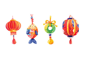 Hanging Chinese papers lanterns in red on an isolated background. Sky latterns. Vector. Chinese Lunar New Year Snake 2025, clipart set vector
