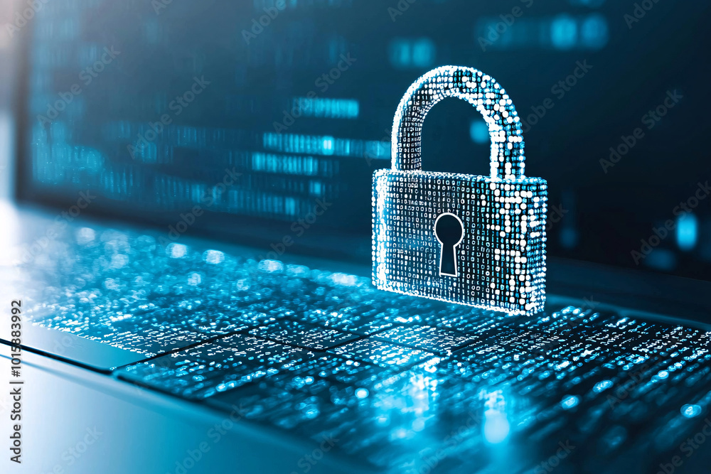 Poster a laptop displaying a digital padlock icon, with lines of encrypted code in the background, symboliz