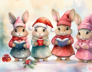 Christmas bunnies with Santa Hat, Pastel Watercolor Pink Dresses, caroling