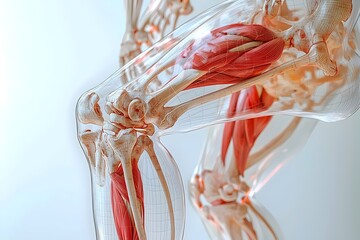 A close-up of a translucent model of the human leg, showcasing the complex network of bones and muscles.